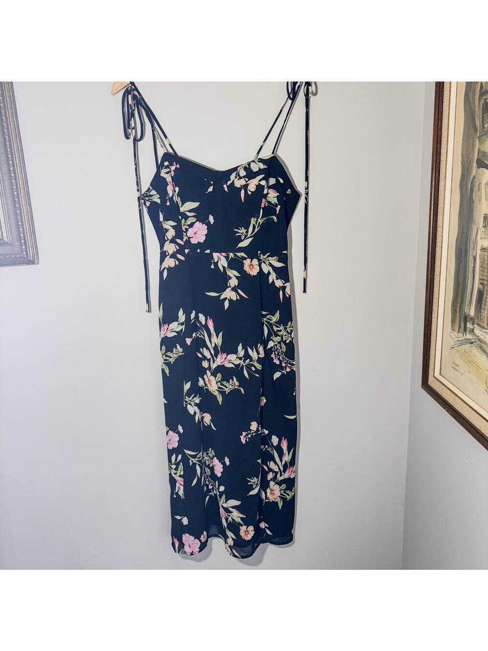 Forever 21 Black Floral Midi Dress Tie Shoulder Sheer Overlay Smocked Back L
